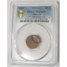 AUSTRALIA 1967 . ONE 1 CENT COIN . ERROR . 45% INDENT FROM A BLANK